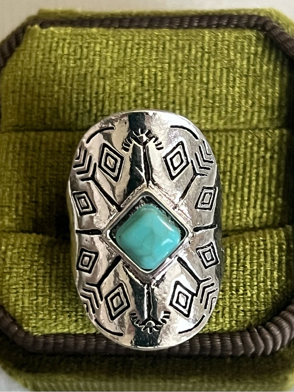 Bohemian/Aztec Blue Turquoise Stainless Steel Silver Statement Ring Size 6